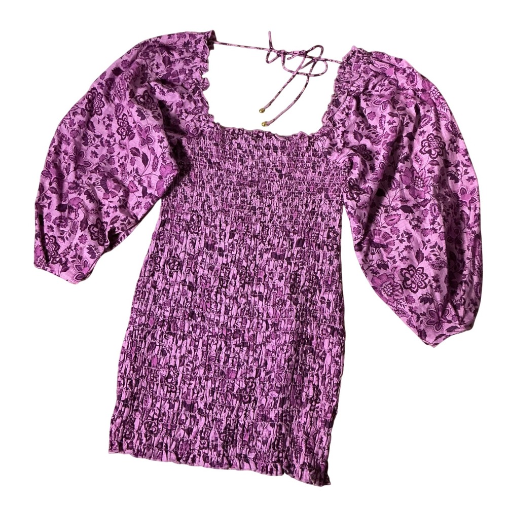 Free People Romantic Floral Smocked Mini Dress Womens M Purple Puff Sleeve Boho